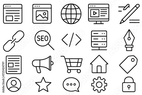 Digital elements and symbols representing web development and online marketing tools in a creative layout
