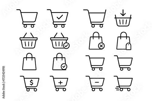 Various shopping cart icons representing different statuses and actions for online shopping experiences in a minimalist design