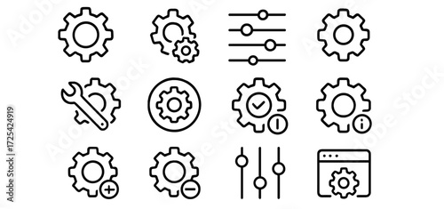 Collection of various gear and settings icons in a simple, clear design for use in technical applications