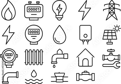 A collection of simple line icons illustrating different energy and water utilities such as electricity, water meters, solar panels, and pipes