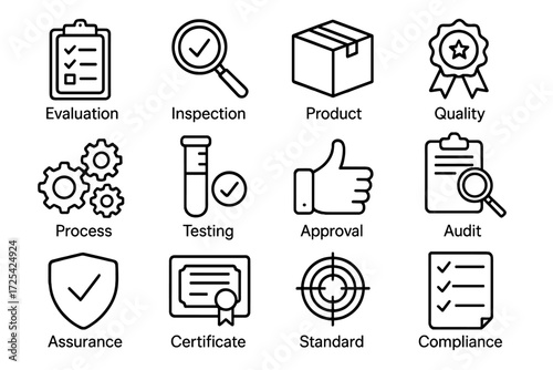 Symbols representing quality assurance and inspection processes in a business setting for effective product evaluation