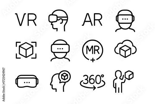 Virtual and augmented reality icons representing various immersive technologies and experiences for digital interaction in a modern context