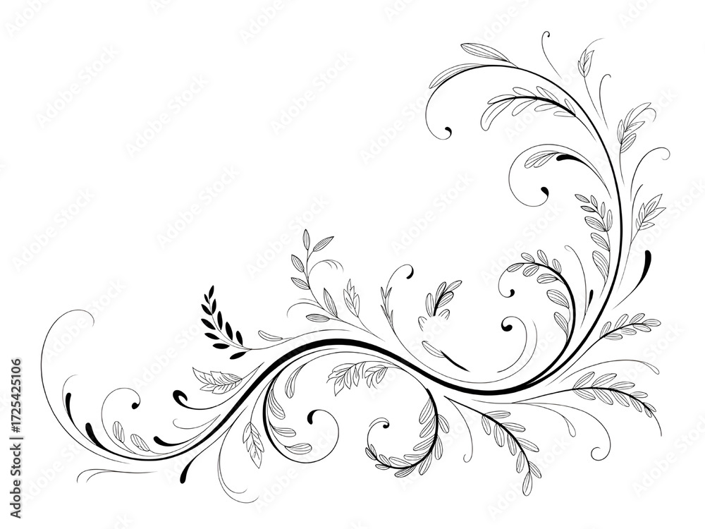 Fototapeta premium Elegant flourish design with swirling branches and leaves for invitations or decorative elements, a simple and beautiful organic line art on white