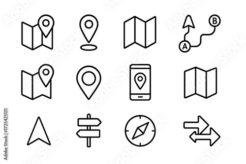 Collection of navigation icons illustrating maps, locations, and wayfinding symbols suitable for digital design