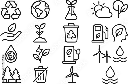 Earth-friendly icons representing sustainability, recycling, and environmental protection in a cohesive design