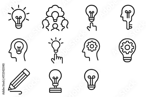 Creative symbols representing ideas and innovation featuring light bulbs, gears, and head outlines in a simple design