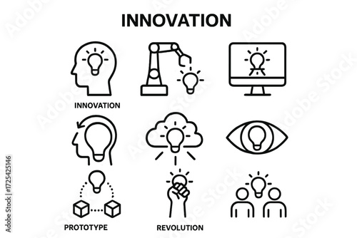 Visual representation of innovation concepts including ideas, prototypes, and collaboration in a creative layout