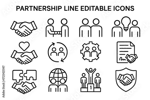 Various icons representing partnership and collaboration themes in a minimalistic style