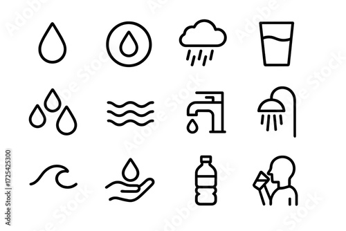 Water-related icons illustrating various forms and uses of water in daily life and nature