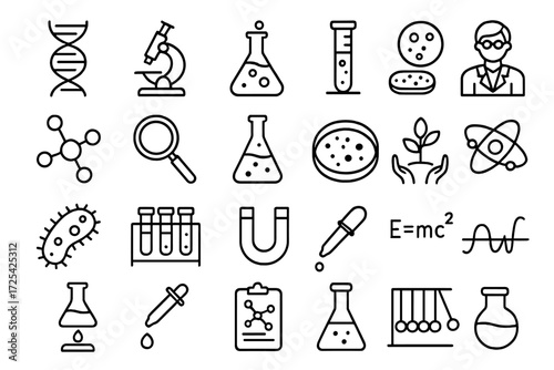 Collection of scientific icons representing various fields in research and experimentation
