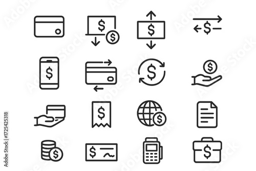 Banking and finance icons representing digital transactions and money management concepts