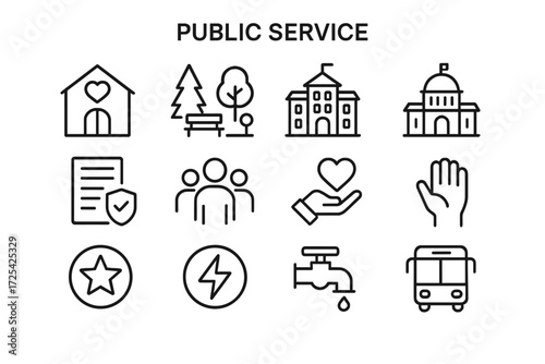 Icons representing various aspects of public service and community engagement in a simple graphic style