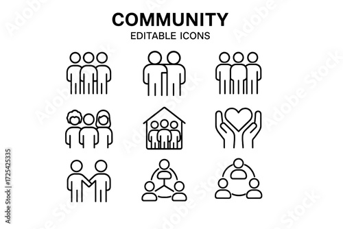 Community icons showcasing group interactions, support, and relationships in a simple and clear design
