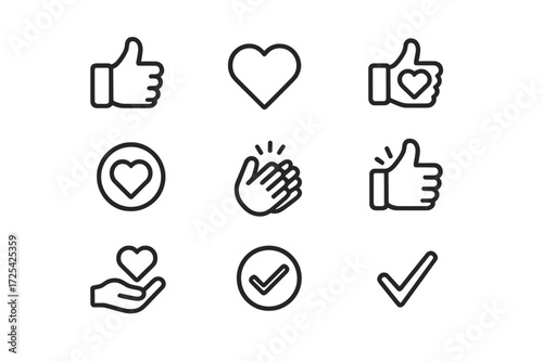Collection of simple icons representing positive emotions and approval symbols in minimalistic style