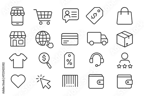 Online shopping symbols represent various activities related to e-commerce and retail in a digital context
