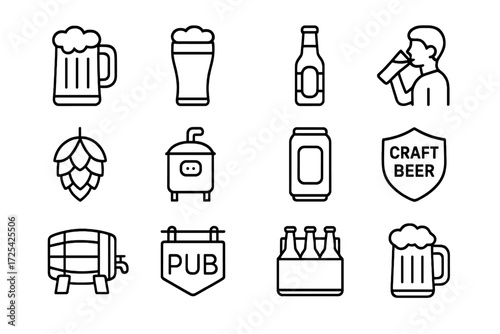 Craft beer icons showcasing different types of beer and brewing items in a minimalistic design