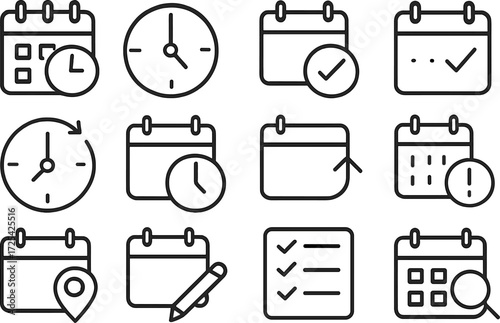 Calendar and time management icons for scheduling tasks and events in daily life or business activities