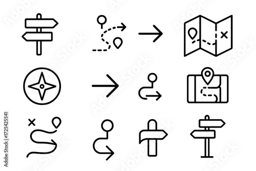 Directional icons representing navigation and map guidance for travelers and explorers