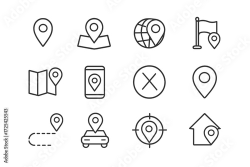 Collection of location icons for navigation and mapping in digital applications