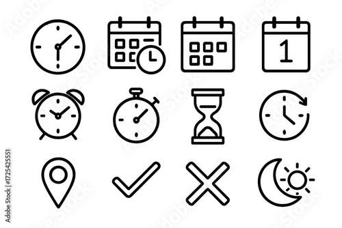 Various time and date icons representing scheduling and planning activities for daily life