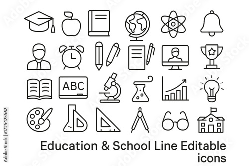 Collection of educational and school icons featuring books, tools, and symbols of learning for various subjects and activities