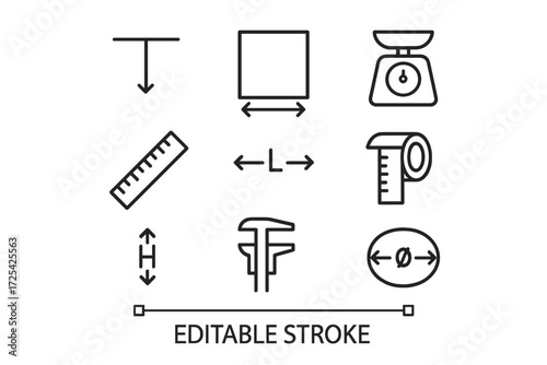Various measurement tools and symbols used for design and construction work displayed in simple outlines