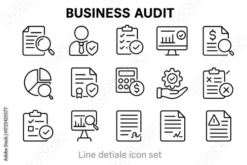 Icons representing various aspects of business audit including reports, analysis, and financial review