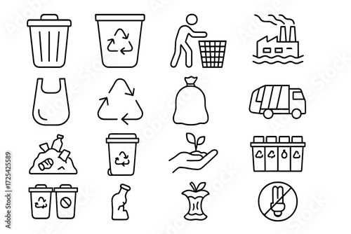 Icons representing recycling, waste management, and environmental sustainability in urban settings