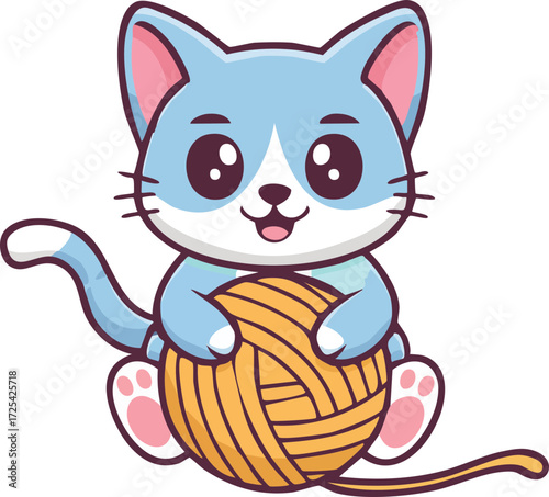 Funny Cute Cat Cartoon Illustration Holding Yarn Ball, Playful Animal Character