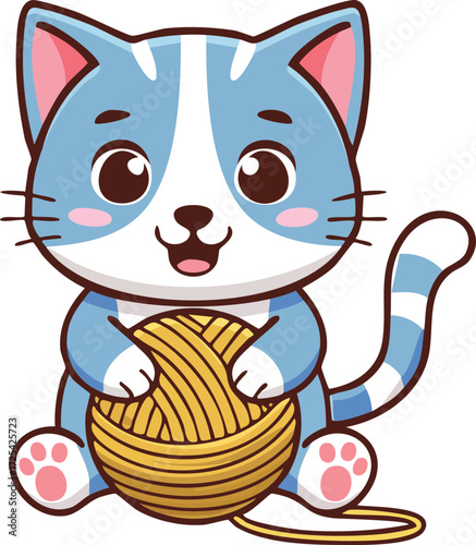 Funny Cute Cat Cartoon Illustration Holding Yarn Ball, Playful Animal Character