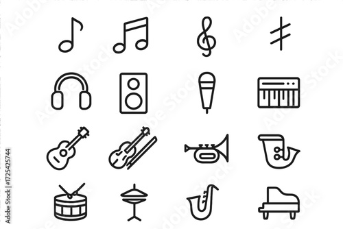 Music symbols and instruments arranged in a grid pattern showcasing diverse musical elements and creativity