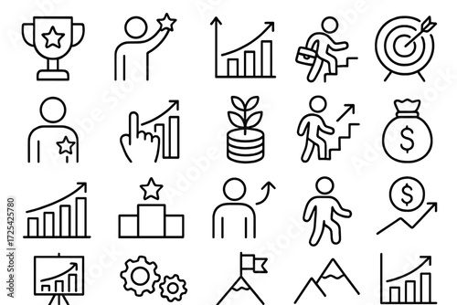 Various icons showing success, growth, and achievement in business and personal development