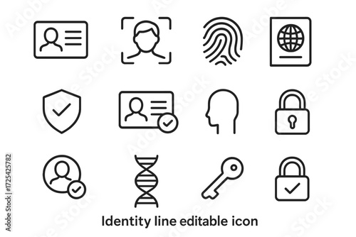 Editable icons for identity verification and protection, featuring passport, fingerprint, lock, and more elements