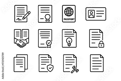 Icons representing documents, identification, and contracts arranged in a grid showcasing legal and official themes