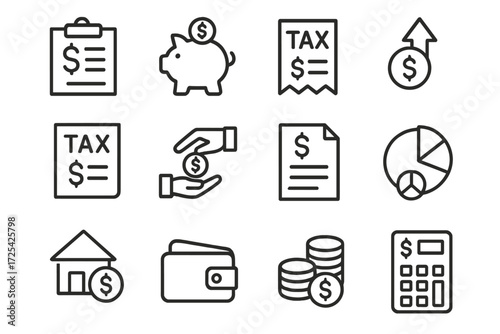 Visual representation of tax concepts with money, savings, and financial planning symbols showcased in a grid layout
