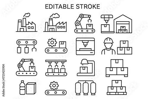 Illustration of various manufacturing processes and equipment in a factory setting with workers and packaging activities
