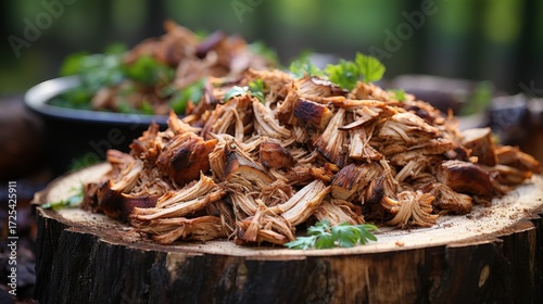Delicious pulled pork on a wood slice