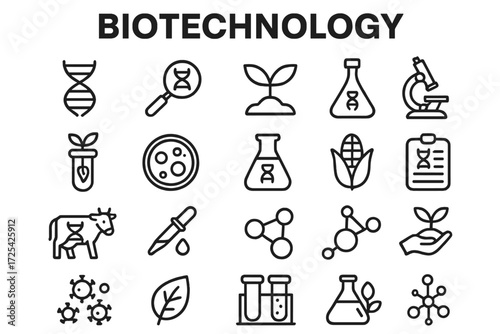 Exploring biotechnology through icons representing DNA, research, plants, and laboratory tools in a creative layout
