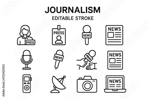 Journalism icons illustrating press activities, media tools, and news reporting elements in a simple, graphic style