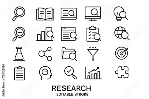 Variety of icons representing research activities and tools for academic and professional projects
