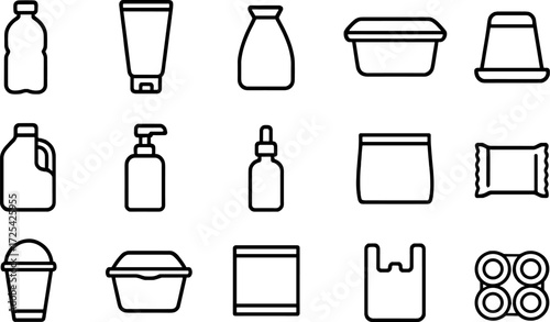 Various containers and packaging designs for a range of products displayed on a simple graphic layout