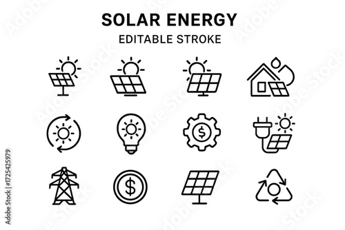 Icons representing solar energy concepts and applications for renewable energy options