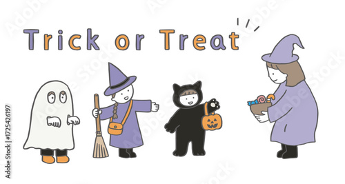 トリックオアトリート！お菓子をもらいに来た仮装中の子どもたち 魔女/黒猫/ゴースト/お化け/お菓子
