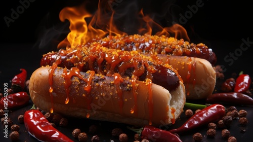 Fiery hotdogs with gourmet toppings closeup