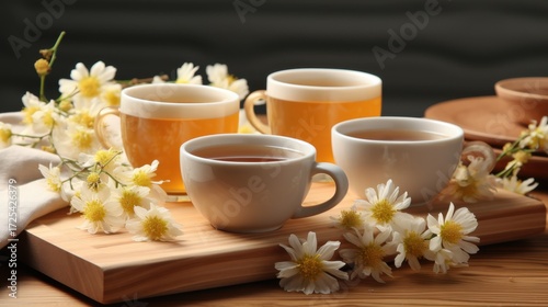 Cups of tea with floral decorations
