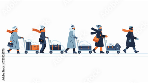 People Pulling Luggage Through Winter Weather A Vector Illustration of Travel and Winter Life