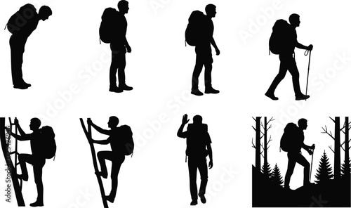 Hiking silhouettes, trekking posture, mountain climbing, outdoor adventure, backpack travel, nature exploration, fitness lifestyle, human gesture, wilderness