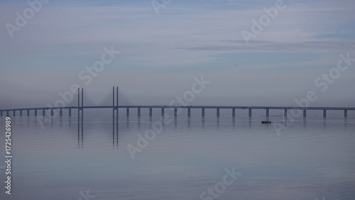 Bridge with boat during blue hour