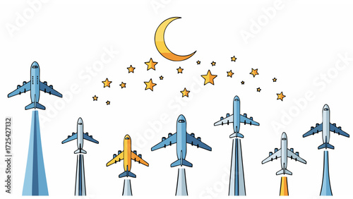 Airplane taking off with moon and stars. Concept of travel and journey illustration