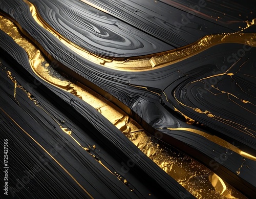 Abstract image of black wood with gold inlay, creating a flowing, luxurious design